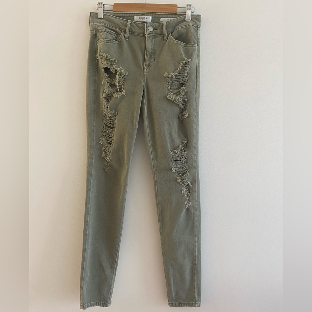 Guess Faded Green Distressed Low-Rise Jeans, Size 27